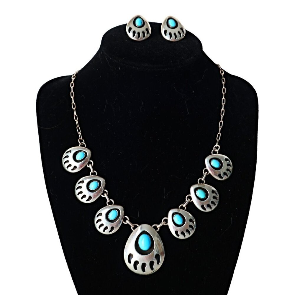 Navajo Vintage Turquoise Bear Paw Sterling Silver Necklace and Earrings Set